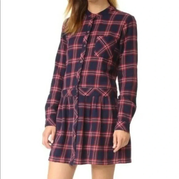 Current/Elliott Red & Blue Plaid Long Sleeve Flannel Mini Dress 0 - Picture 1 of 3